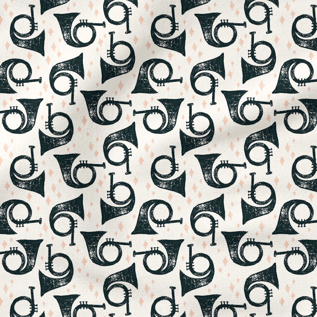 Horns a Playing (Snow) | Christmas Fabric Design | Charlie Rowan Designs