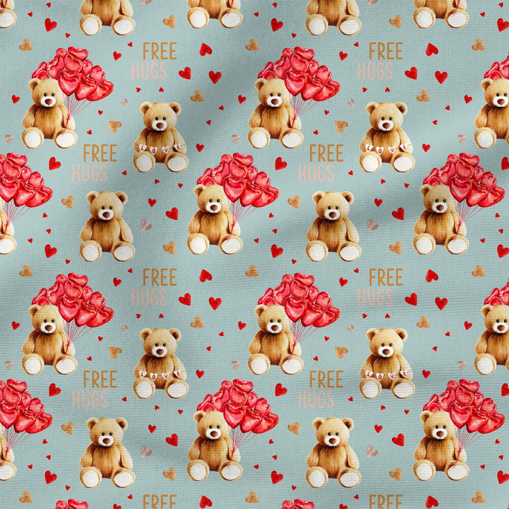 Cute Teddy Bear and Hearts (Mint Blue) | Holiday Fabric Design | Hip Kid Designs