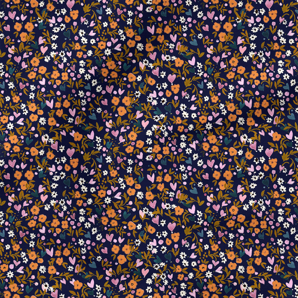 Ditzy Heart Garden (Dark Blue) | Botanical Fabric Design | Crystal Walen