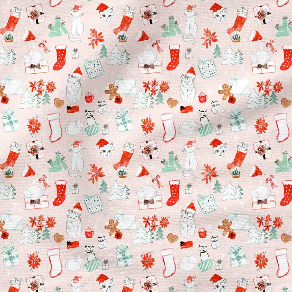 Cats and Presents (Red Blush) |  Fabric Design | Crystal Walen