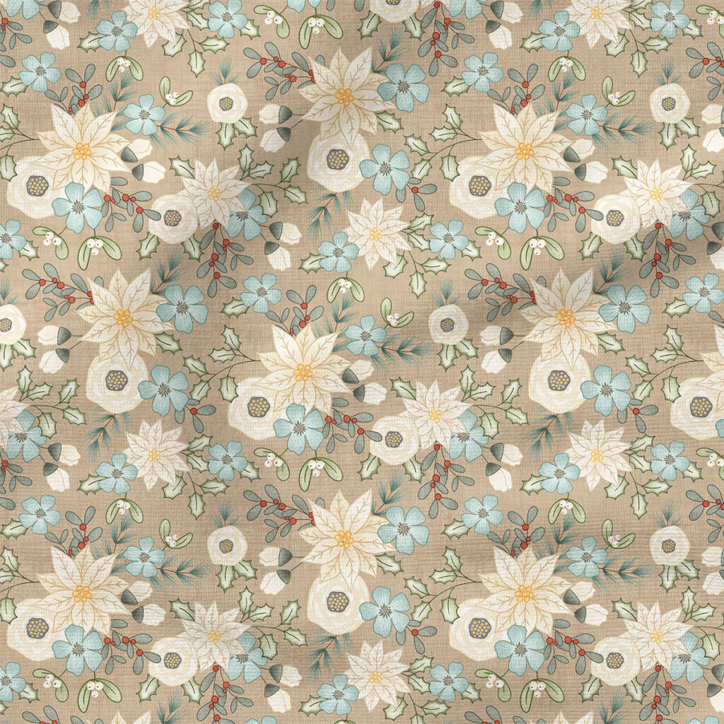 White Floral (Tan) | Holiday Fabric Design | Krystal Winn Design