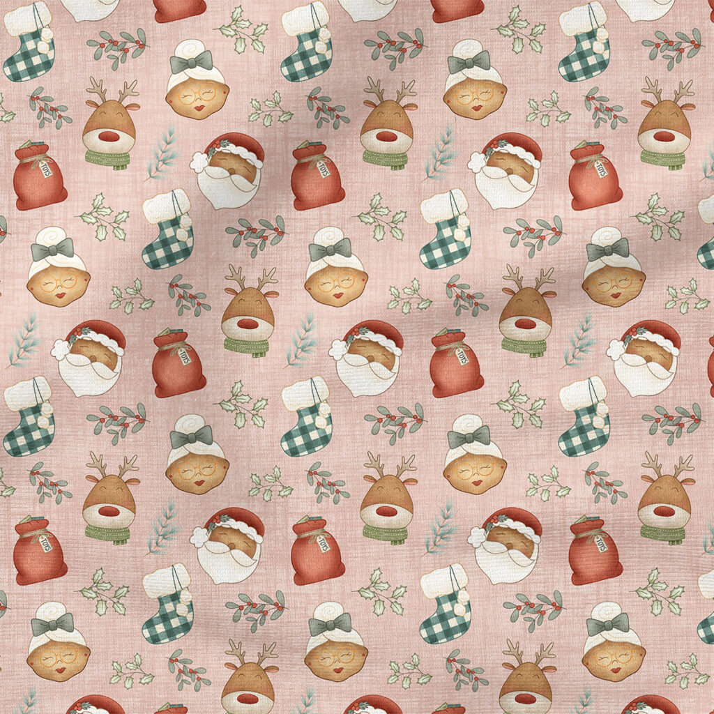 Santa Dark Skin (Pink) | Holiday Fabric Design | Krystal Winn Design