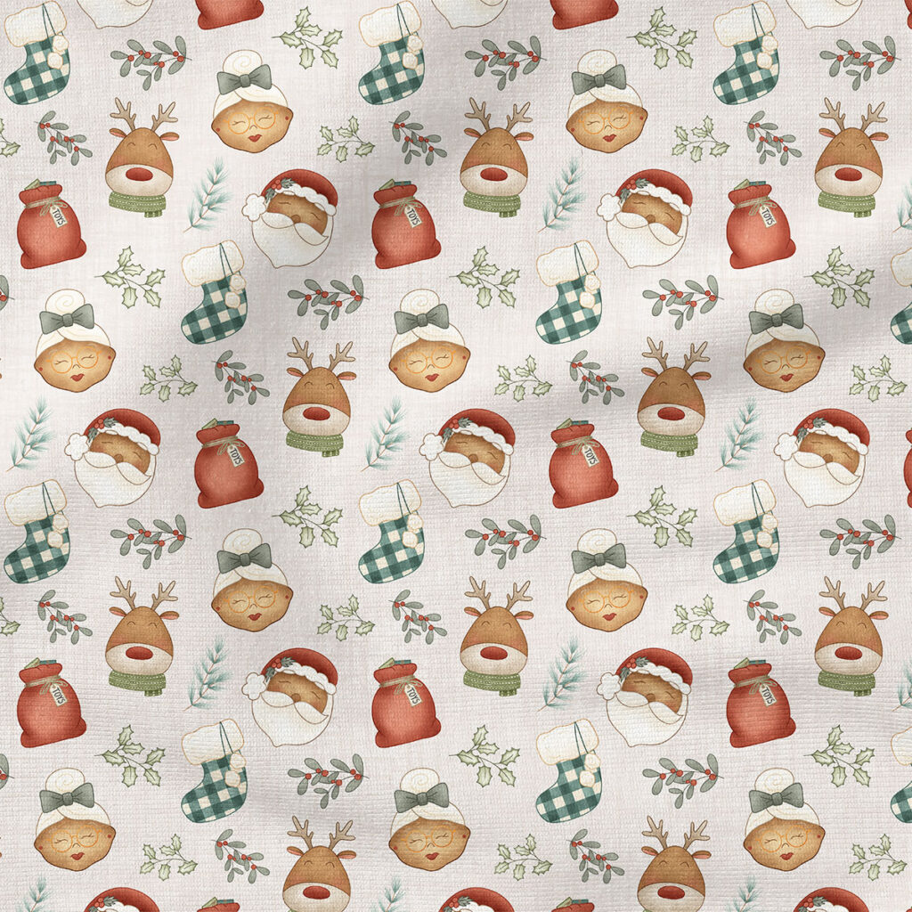 Santa Dark Skin (White) | Holiday Fabric Design | Krystal Winn Design