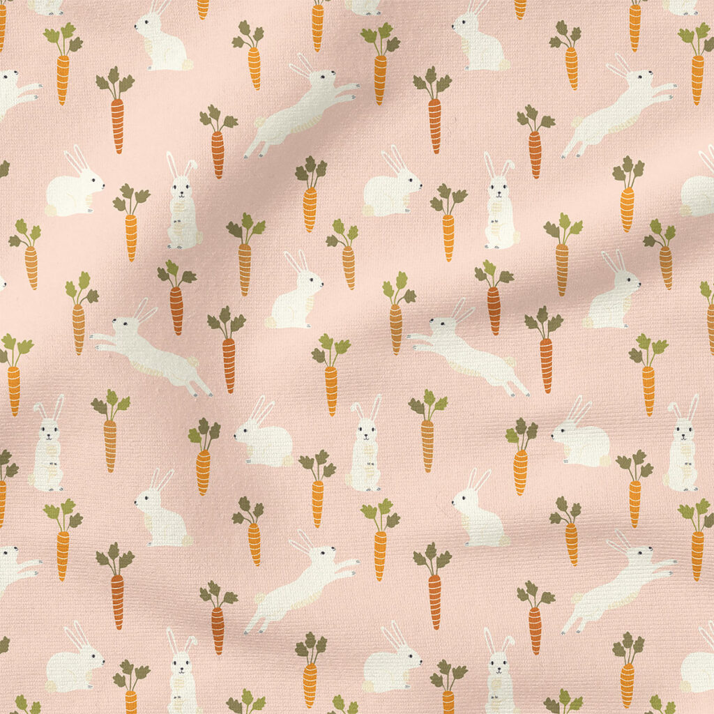 Easter Bunnies and Carrots (Light Pink) | Spring Fabric Design | Erin Kendal