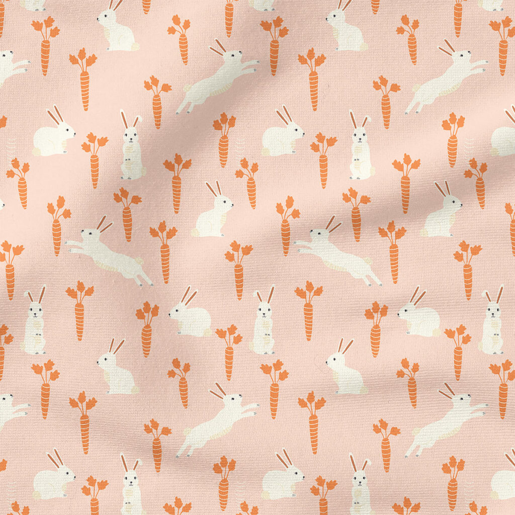 Easter Bunnies and Carrots (Pink/Papaya) | Spring Fabric Design | Erin Kendal