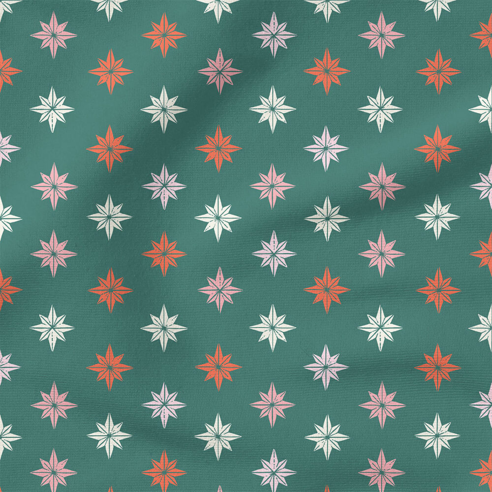 Christmas Star Tiles (Pink on Green) | Stripes and Shapes Fabric Design | Erin Kendal