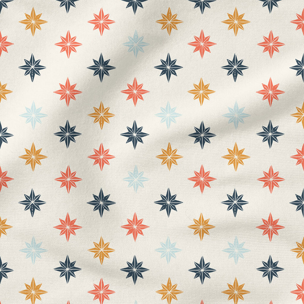 Christmas Star Tiles (Retro Blue) | Stripes and Shapes Fabric Design | Erin Kendal