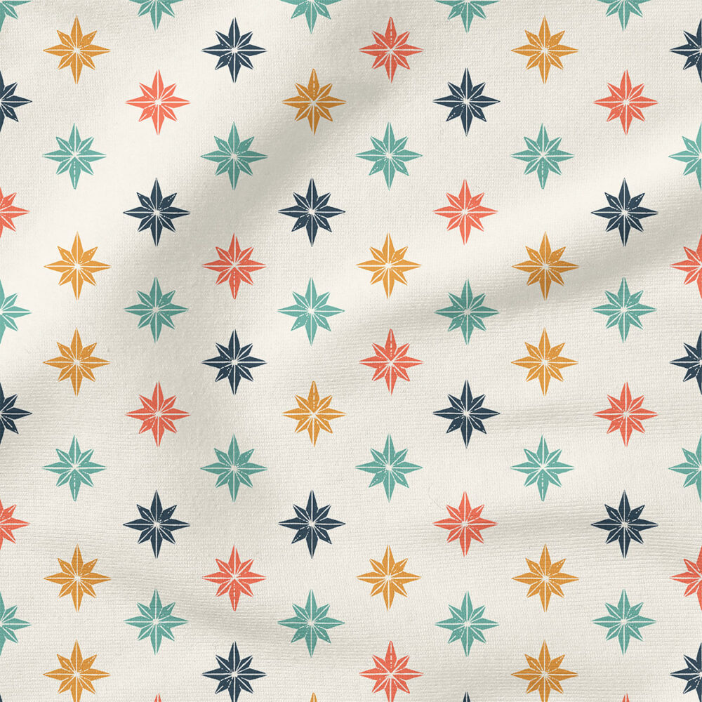 Christmas Star Tiles (Retro Navy) | Stripes and Shapes Fabric Design | Erin Kendal