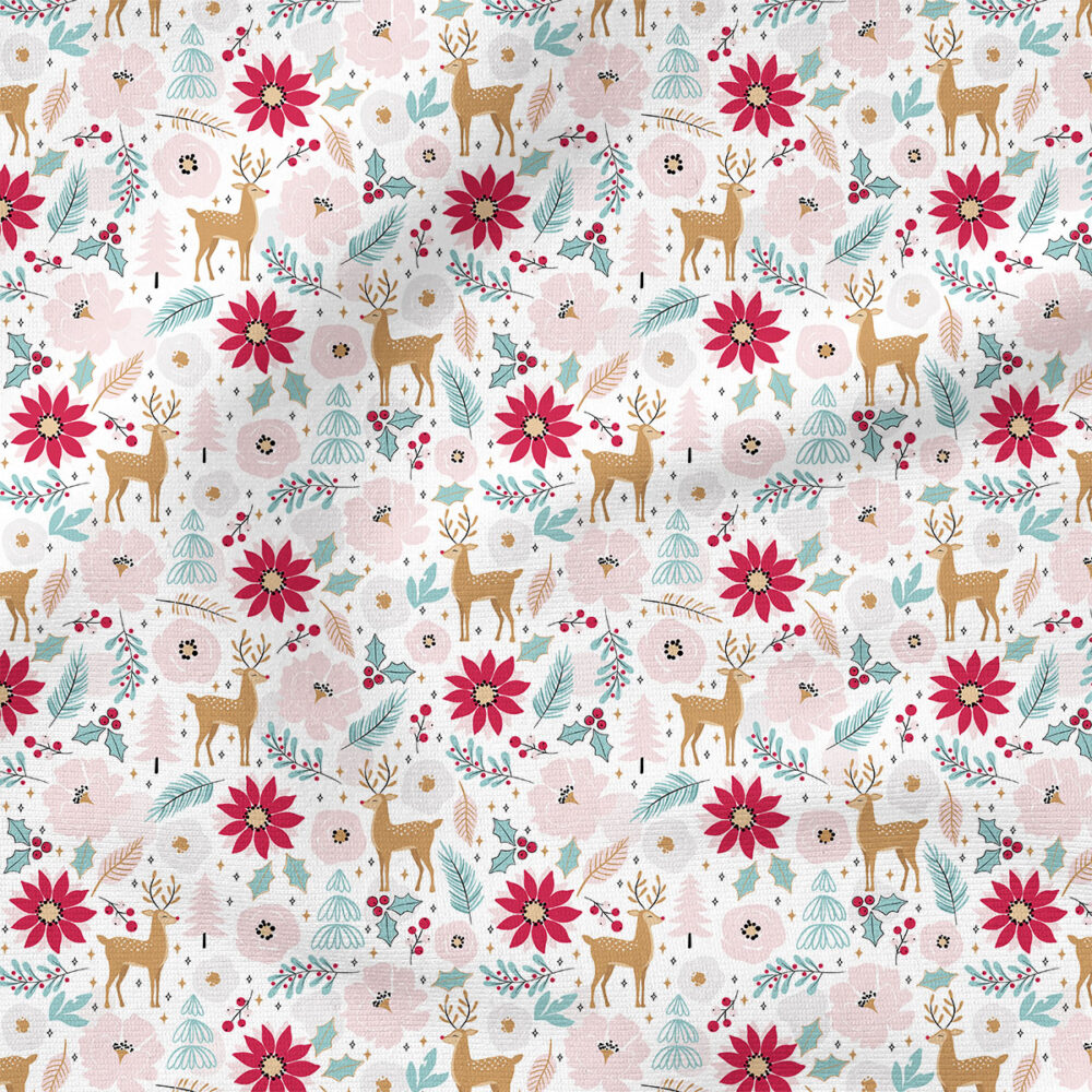 Reindeer Floral (Pink and Red) | Holiday Fabric Design | Julie Storie Designs