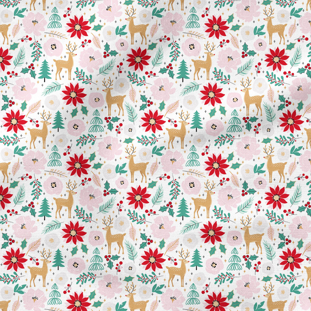 Reindeer Floral (Red and Green) | Holiday Fabric Design | Julie Storie Designs