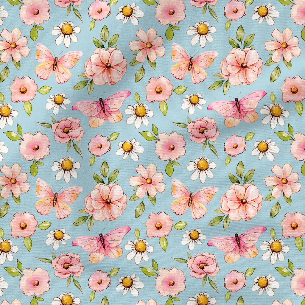 Pink Floral (Blue) | Botanical Fabric Design | Cate and Rainn