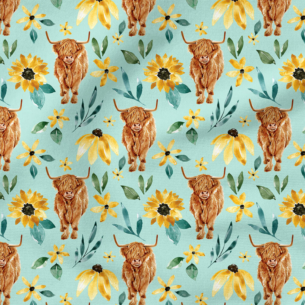 Highland Cows Sunflower (Blue) | Botanical Fabric Design | Cate and Rainn