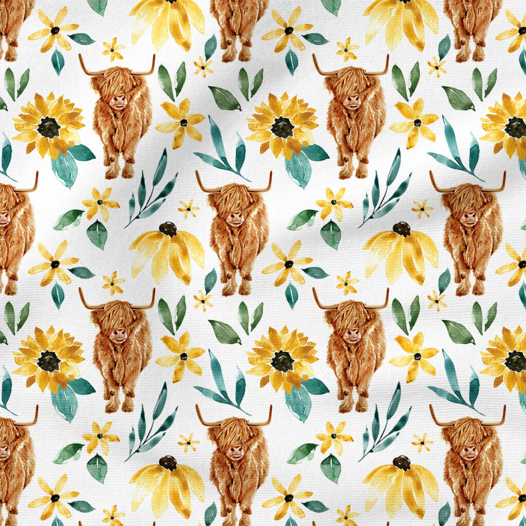 Highland Cows Sunflower (White) | Botanical Fabric Design | Cate and Rainn