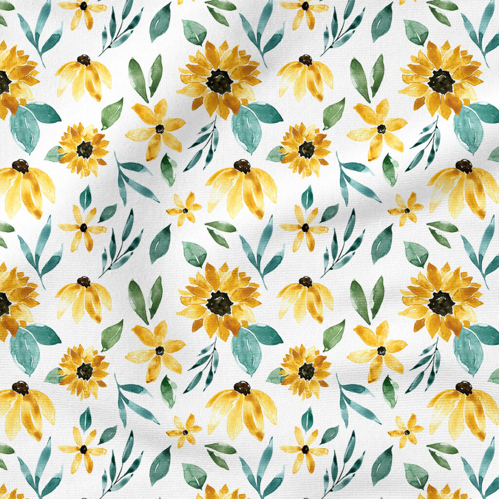 Sunflower Floral (White) | Botanical Fabric Design | Cate and Rainn