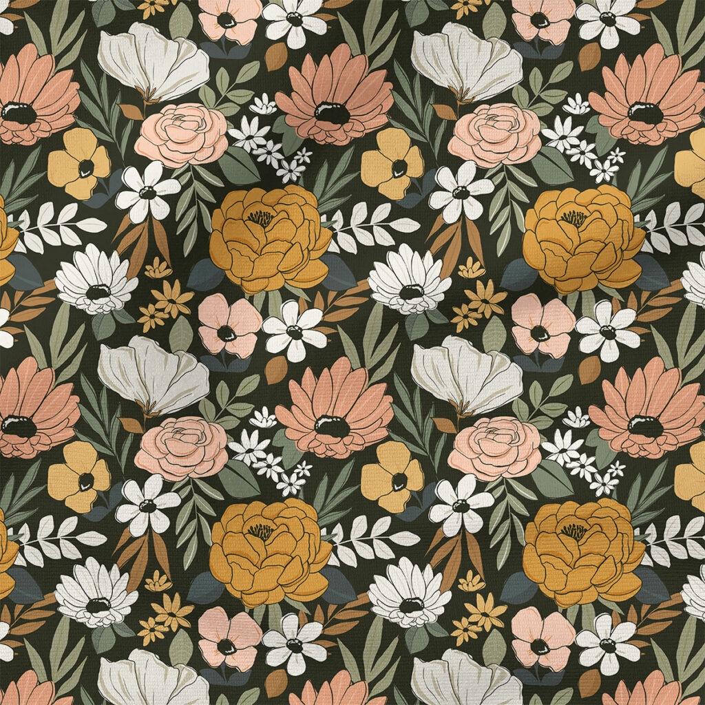 Boho Floral (Muted Black) | Botanical Fabric Design | Cate and Rainn