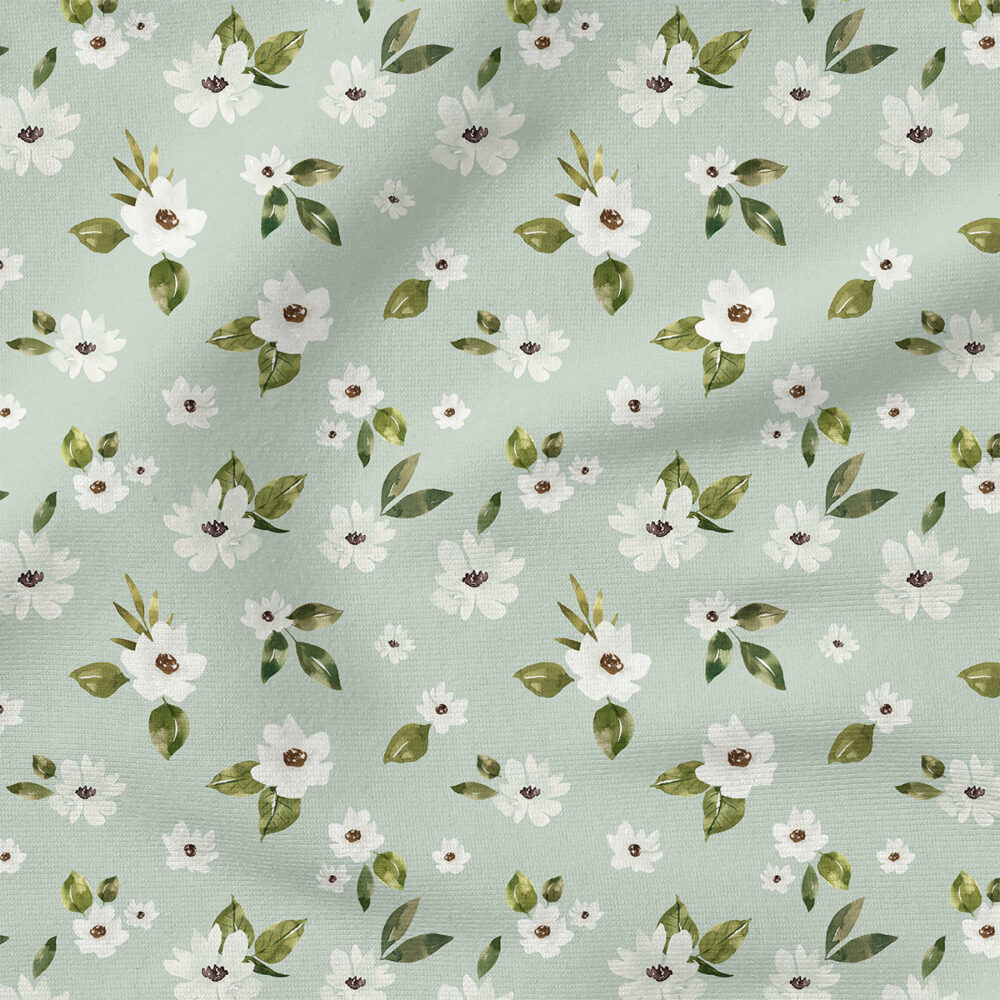 Vintage Spring White Flowers (Mint Blue) | Botanical Fabric Design | Cate and Rainn