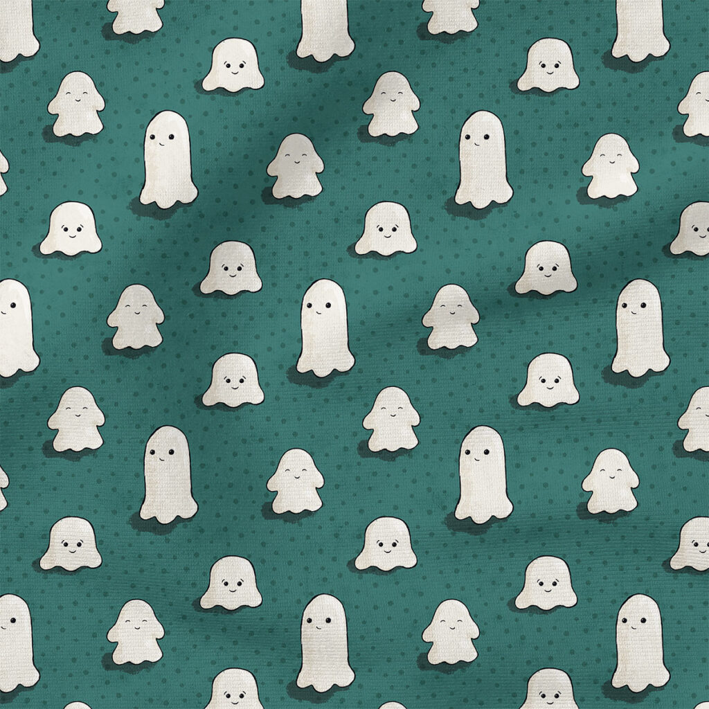 Halloween Little Ghosts (Teal Blue) | Holiday Fabric Design | Cate and Rainn