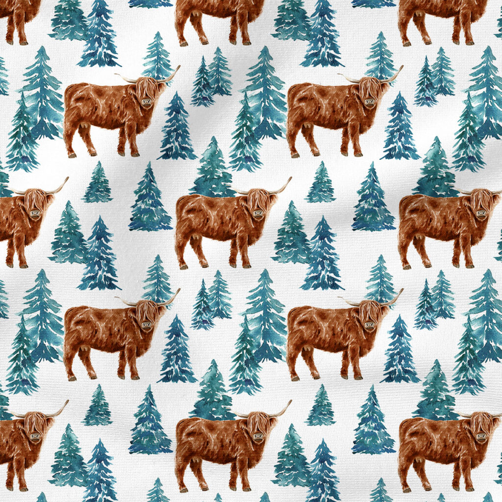 Highland Cow Trees | Holiday Fabric Design | Cate and Rainn