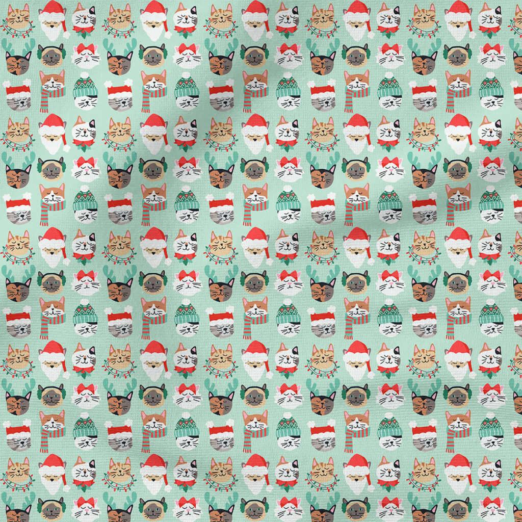 Christmas Cats (Green) | Christmas Fabric Design | Hey Cute Design