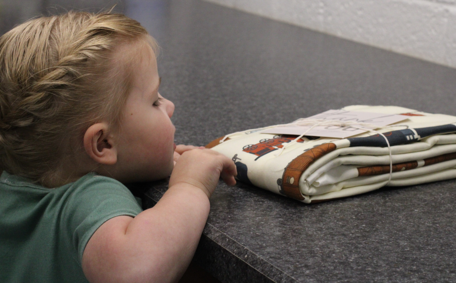 little girl looking at american milled fabric printed by little cocalico